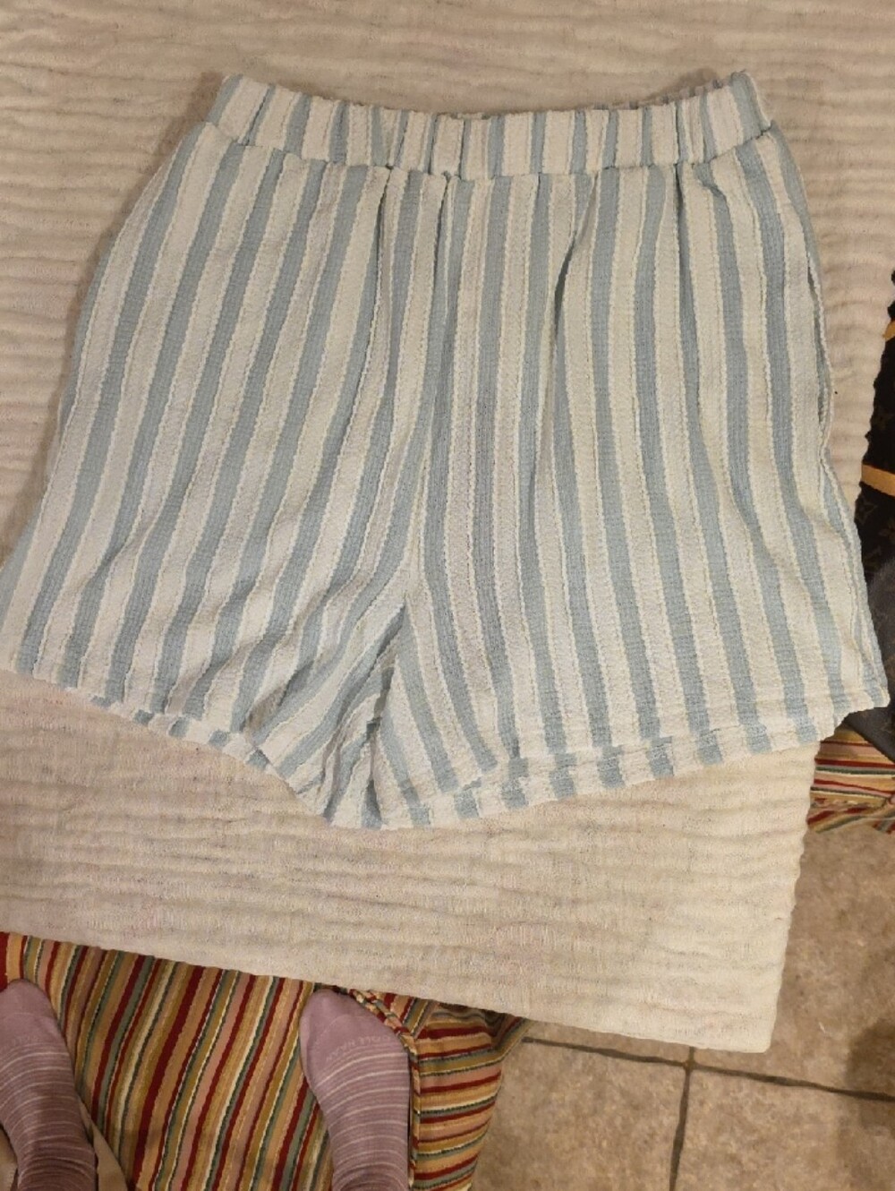 Light Blue and White Striped Women’s Elastic-Waist Shorts